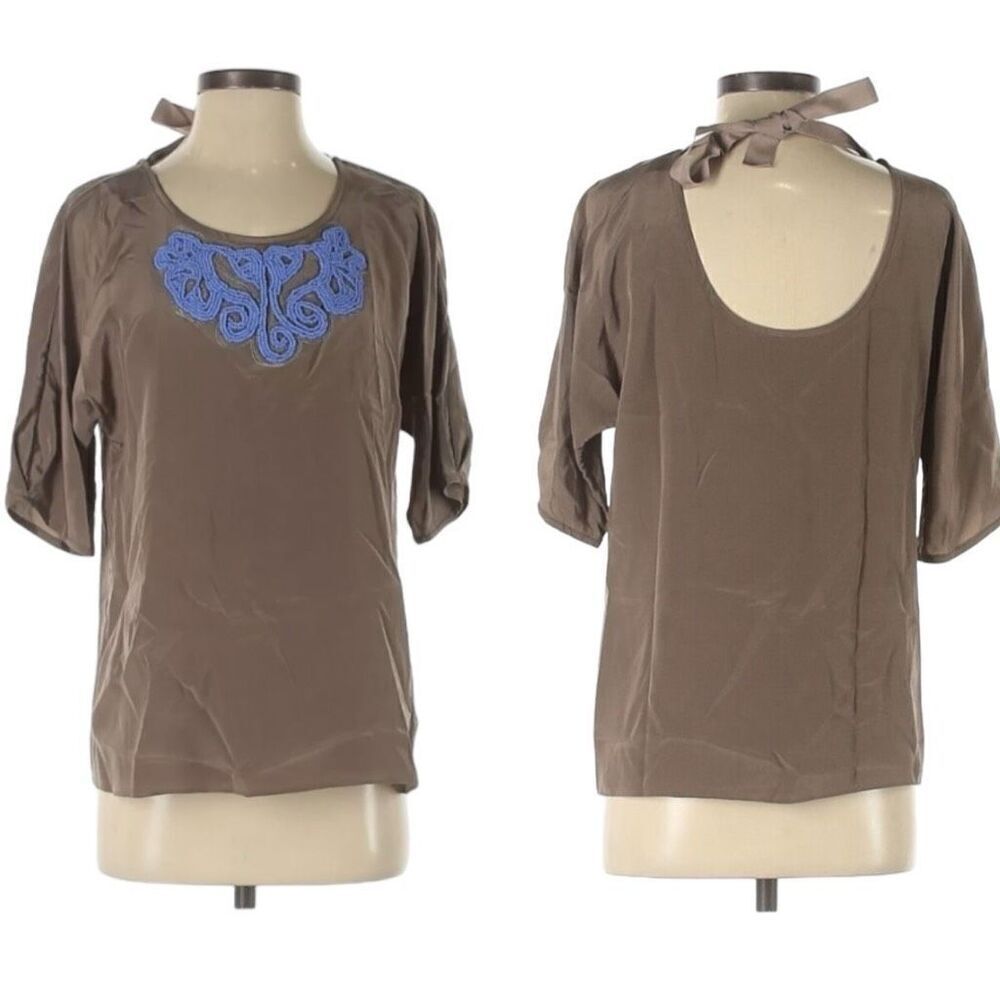 Tibi Taupe Periwinkle Blue Silk Beaded 3/4 Sleeve Blouse Top Sz 2